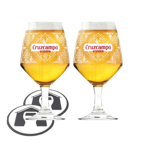 GarageBar | Cruzcampo Beer Glasses | Pint Stemmed Chalice Beer Glasses | Official Merchandise | Comes with 2X Beer Drip Mats (2 Glasses)