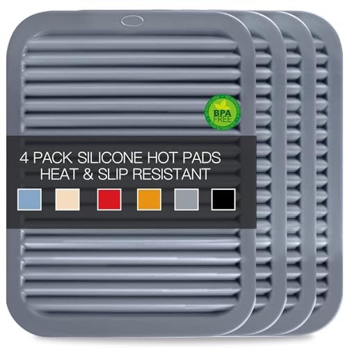 4 PCS Silicone Trivet for Hot Dishes, Hot Pads Trivets Mat for Hot Pots and Pans, Heat Resistant Silicone Hot-Mats, Pot Holders Jar Opener Tables-Mats for Countertop Drying Mat (Grey)