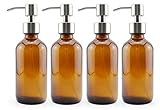 Cornucopia 8oz Amber Glass Pump Bottles w/Stainless Steel Pumps (4-Pack); Glass Soap Dispenser and...