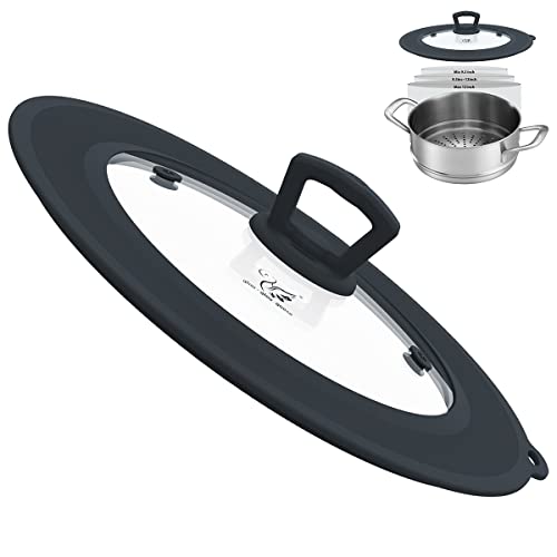 Image of Vented Tempered Glass Universal Lid for Pot Pan Skillet with Heat Resistant Silicone Rim Microwave Splatter Lid Cover Microwave Safe Fit 9.5“ 10” 10.5“ 11” Cookware, Dishwasher Safe Grey