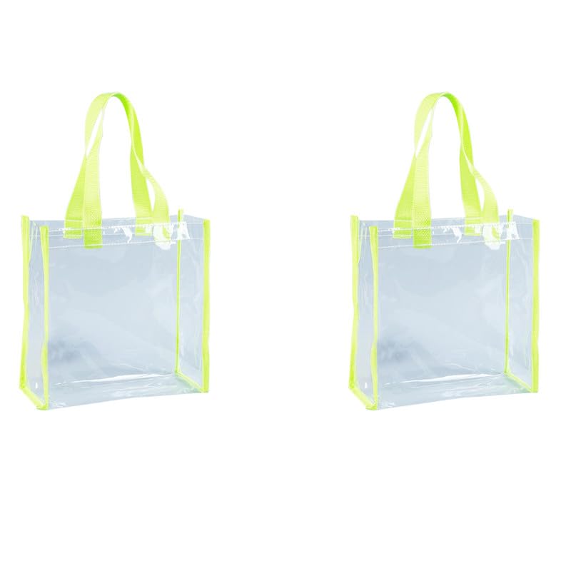 2PCS Clear gift bag,Transparent Reusable Gift Wrap Bags With Handle,PVC Shopping Tote Beach Bag,With Green Webbing Lace,20 * 20 * 10CM