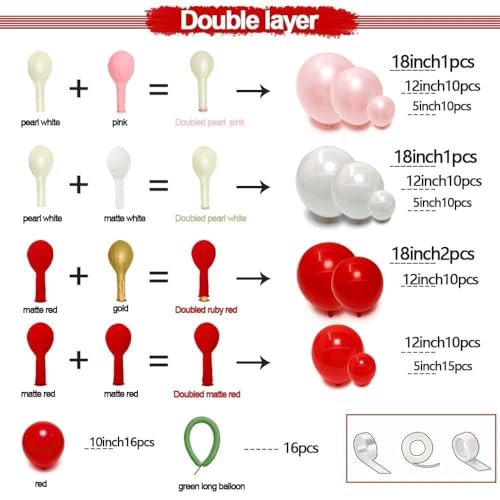 Image of Red Pink Balloon Arch Double Stuffed Latex Pink White Pearl Balloons Red Green Long Balloon Garland for Cheery On Top Baby Shower Birthday Valentines Bridal Shower Garden Berry Party Decoration