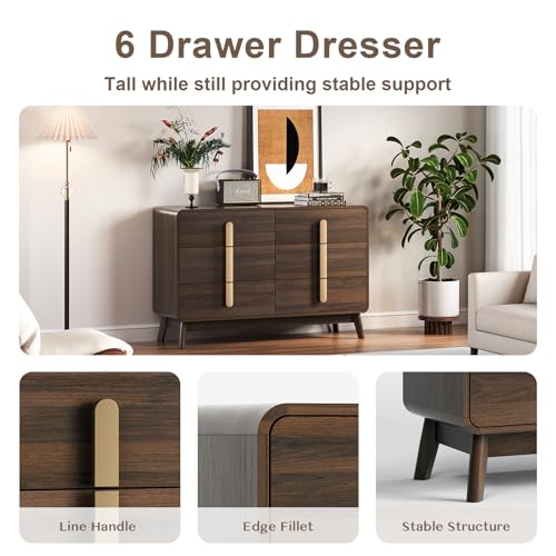Image of JOINICE Mid Century Modern Dresser and Nightstand Sets for Bedroom, Walnut | Night Stand Set of 2 with Matching 47 inch Dresser, Large Chest of Drawers for Storage with Gold Handles, 3 Pieces Accent Set
