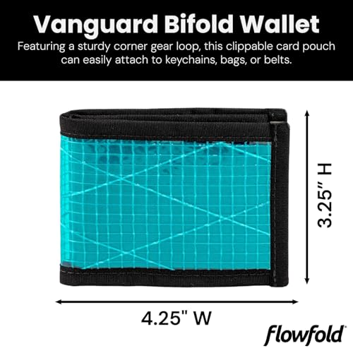Image of Flowfold Vanguard Recycled Sailcloth Bifold Wallet | Slim and Durable with Cash pocket, Two Hidden Card Pockets and Two ID Windows | Holds 10-12 Cards | Minimalist Wallet Made in USA | Cyan Sailcloth