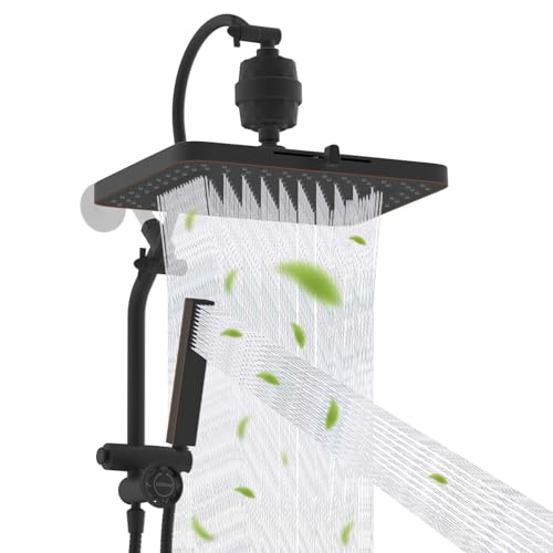 Hibbent 5-spray Filtered Rainfall Shower Head Combo, High Pressure 13'' Showerhead with Stainless Steel 4 Spray Modes Handheld, All Metal 4-way Diverter Arm, 71'' Hose & Holder, Oil-Rubbed B