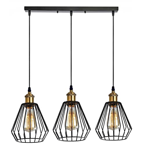LEDSone 3 Lights Vintage Pendant Light, E27 Black Geometric Cage Style Wire Lampshade Industrial Kitchen Lights Ceiling Pendant Lights Ideal for Bedroom Living Dining Room Hallway