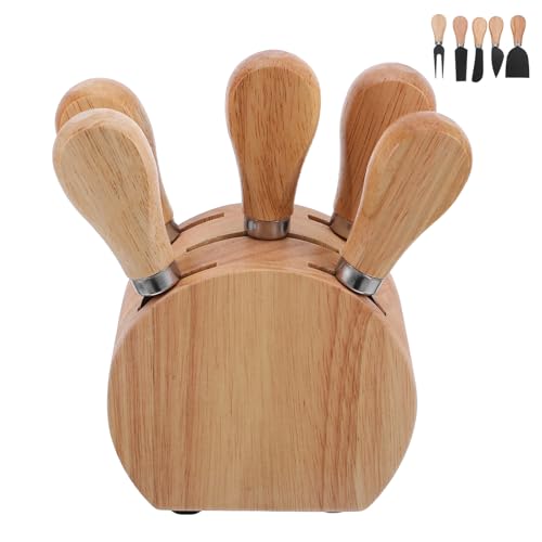 BAZEITFLOW Juego de Cuchillos para Queso con Mango de Madera de Roble Acero Inoxidable 5 Piezas con Bloque de Madera Herramientas para Cortar y Untar Queso en Eventos y Charcutería