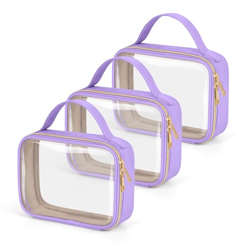 Image of Wedama TSA Approved Toiletry Bag, 3 Pack Clear Makeup Bags with Handles, Quart Size PVC Clear Cosmetic Bags for Women and Men, Carry on Airport Airline Compliant Bag, Purple
