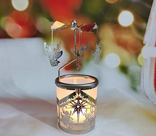Rotating Candle Holders Spinning Tealight Holder Carousel Silver Reindeer Aroma Candleholders with Sliver Plated Christmas Decoration for Home, Spa, Gift for Mom Wife Birthday-6 ¼ Inch Tall (RT-G01)