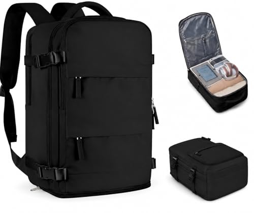 Mochila de Viagem Expansível Feminina e Masculina, Grande, Impermeável, com Compartimento para Notebook e entrada USB (Preto)