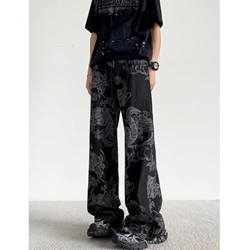 Men's Jeans Loose Trendy Dragon Print Hip Hop Straight Leg Denim Pants3