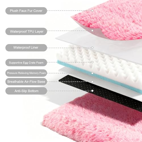 Image of Orthopedic Memory Foam Dog Bed Medium Size Crate Pad 35 x 22 Inch Pink | Dual-layer support with removable washable plush cover waterproof liner nonslip base for kennel car and home use up to 60 lb