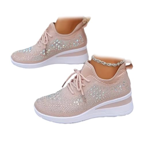 Chaussures de sport pour femme avec strass scintillants à talon compensé et lacets, baskets à plateforme avec strass et perles, confortables et élégantes,...