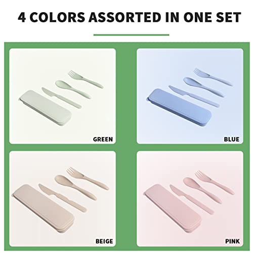 Reusable Utensil Set With Case,Travel Utensil,Wheat Straw Silverware Including Knife Spoon Fork 4 Sets For Travel Picnic Camping Or Daily Use(Green,Beige,Pink,Blue) Gifts For Women #TOP4