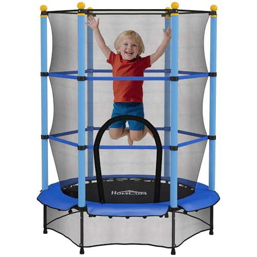 HOMCOM Trampoline Enfant Ø 1,40 × 1,90H m Filet de sécurité Porte zipée Couvre-Ressorts 6 poteaux rembourrés Inclus Bleu