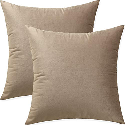 Artaimee Khaki Velvet Throw Pillow Covers 18x18 Inch, Set of 2 – Soft Decorative Cushion Cases for Sofa, Couch, Bed, or Chair – Square Plush Pillowcases with Hidden Zipper, Home & Living Room Décor