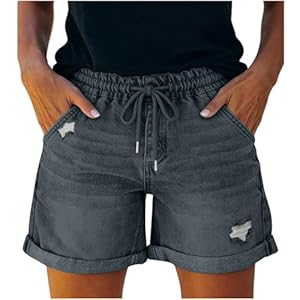 Short Jean Femme, Décontracté Été Large Confortable Denim Élastique Taille Moyenne Y2K Trous Jeans Shorts en Denim pour Femmes Taille Haute Été Short Vintage Jean Casual Baggy Pantalon Court Bermuda