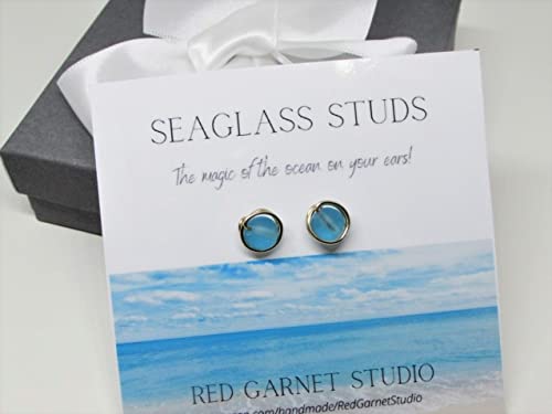 Tiny Wire-Wrapped Sea Glass Stud Earrings- 9 Colors- Sterling Silver / 14K Gold Filled Posts- Beach Lover Gift Jewelry #TOP5