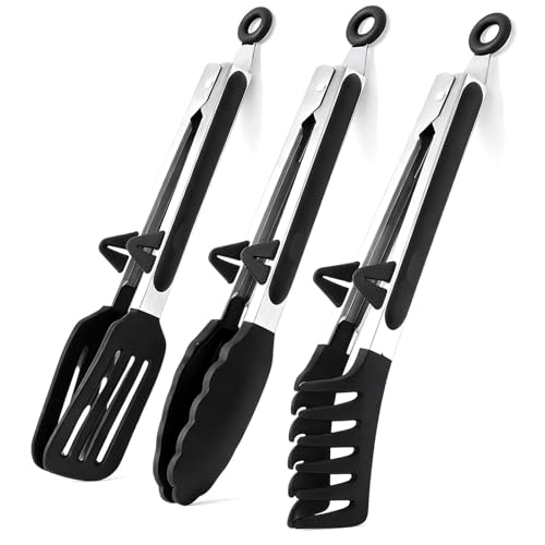 Dwitkul 3 Stück Küchenzange Silikon Kochzange Hitzebeständig Fleischzange Grillzange mit Ständer Silikonzange zum Kochen 27 cm Spaghettizange Nudelzange Salatzange für Küche, Grillen