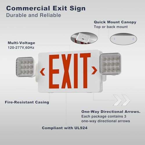 RMCLUX Exit Signs with Emergency Lights, Adjustable Double Head - Hardwired with Battery Backup for Business, AC 120-277V, UL924 & ETL Certified, Wall/Ceiling Mount 6-Pack by RMCLUX - Image 5