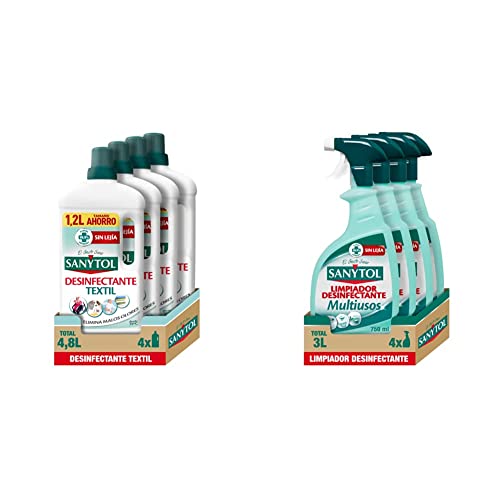 Sanytol – Desinfectante Textil, Elimina Gérmenes y Malos Olores de la Ropa Sin Lejía - Pack de 4 x 1200 ML = 4,8L & Limpiador Desinfectante Multiusos, Elimina Bacterias - Pack de 4 x 750 Ml = 3L