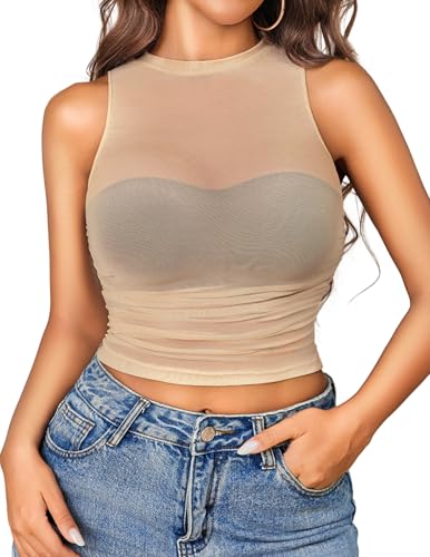 Avidlove Women Camisole Tops Sexy Mesh Tank Tops Cami Y2K See Through Undershirts Mini Going Out Top Lingerie Light Brown Medium