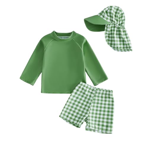 Finegoodwei Toddler Baby Boy Rash Guard Swimsuits Solid Color Long Sleeve Bathing Suit Tops Plaid Shorts Hat Beachwear (Green, 2-3T)