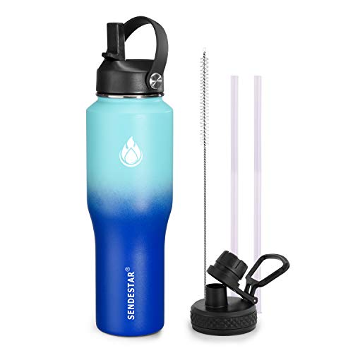 Image of SENDESTAR Water Bottle 32oz,2 Lids(Straw lid),Wide Mouth Stainless Steel Vacuum Insulated Double Wall Keep Liquids Cold or Hot All Day,Sweat Proof Sport Design,Fit Car Cup Holder(Mint&Cobalt)