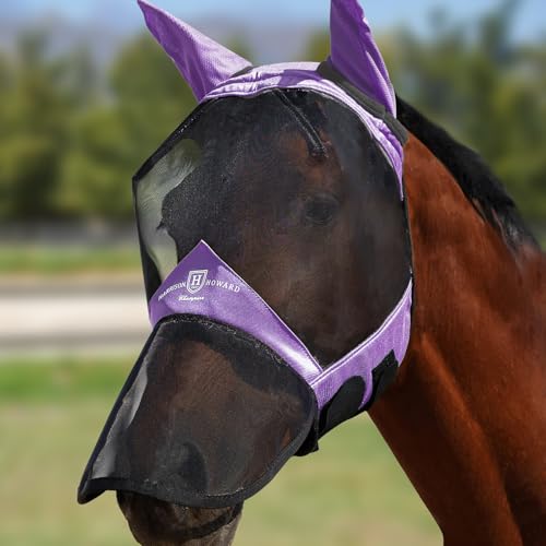 Harrison Howard Pro Luminous Horse Full Face Fly Mask Large Eye Space Long Nose with Ears UV Protection for Horse Gentle Lavendar L
