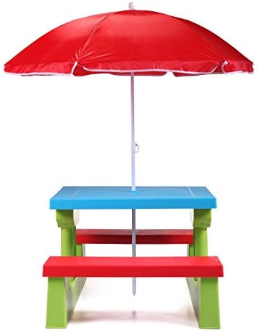 Kids PicnicTable Set Folding Outdoor Children Set Rainbow Bench w/Umbrella