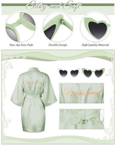 Xuhal 7 Pcs Bride Bridesmaid Robe Sets for Wedding Bridal Party Satin Robes Maid of Honor Robe with Heart Shaped Sunglasses2