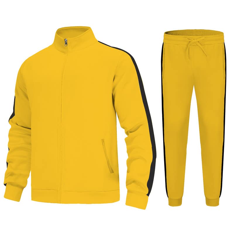 Męski dres na co dzień, kontrastowe paski, zamek błyskawiczny, spodnie sportowe, spodnie do biegania, na siłownię, odzież sportowa, 2-częściowy, z kieszeniami na zamek błyskawiczny, ŻÓŁTY, S