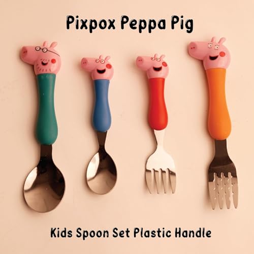 Image of Stainless Steel Cartoon Peppa Pig Kids Spoons and Forks Set and Handle for Kids, Steel Spoon for Baby Feeding, Small Spoon for Kids (Pack of 4) (2 Spoons and 2 Forks)