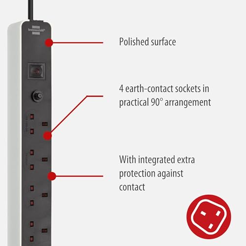 Brennenstuhl Ecolor 4-gang Extension Lead (Power Strip 4-gang with Safety Fuse Button, switch and 3m cable, 90° angle of sockets) white/black