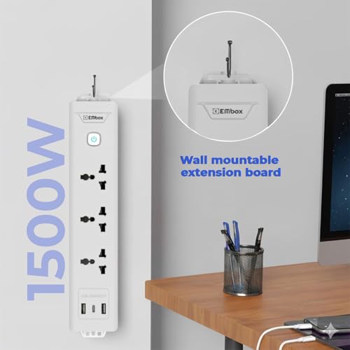 Image of Embox 5 Meter Extension Board with USB Type C | Extension Board with Switches 3 Universal Sockets Spike Guard | LED Indicator 2000W Extension Cord