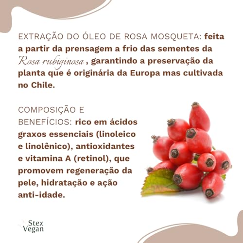 Óleo Vegetal de Rosa Mosqueta, Stex Vegan, 100% Puro e Natural - Elimina Manchas, Anti Estrias e Cel