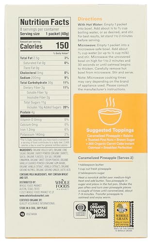 365 by Whole Foods Market, Organic Instant Oatmeal, Carrot Cake, 8 Count, 11.3 Ounce - image 2