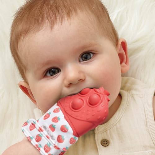 Image of Itzy Ritzy Silicone Teething Mitt - Soothing Infant Teething Mitten with Adjustable Strap, Crinkle Sound & Textured Silicone to Soothe Sore & Swollen Gums - for Ages 3 Months & Up (Strawberry)