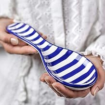 City to Cottage Spoon Rest for Stove Top, Large Ceramic Spoon Holder for Kitchen Counter, Cooking Utensil Rest for Countertop, Handcrafted Spoon Rest for Ladle, Spatula Navy Blue Stripe Coastal
