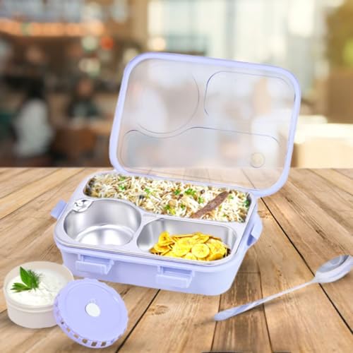 Image of ATTRO Lunch Pro Deluxe 3 Lunch Box with Detachable Inner Steel Compartments, Spoon, one Small Container, Heating Water Insulation Design, Foodgrade, Leakproof -750ml Purple