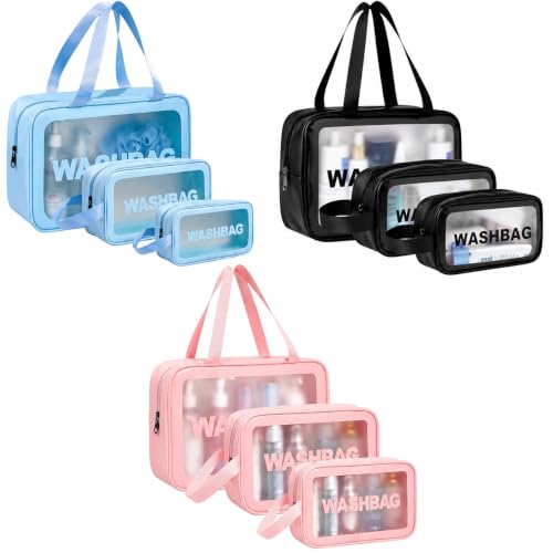 Image of MELVIS Makeup Pouch Bag for Women | Travel Toiletry Organizer Set of 3 | Waterproof Cosmetic Wash Bag with Clear Window | Portable Travel Kit Carry Pouch (Pink + Black + Blue)