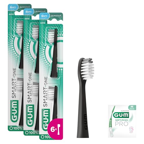 GUM SMART ONE Bürstenköpfe | Kompatibel mit der GUM SMART ONE elektrischen Zahnbürste | Indikatorborsten | 6x Bürstenköpfe | 1x SOFT-PICKS PRO Probe M | Schwarz