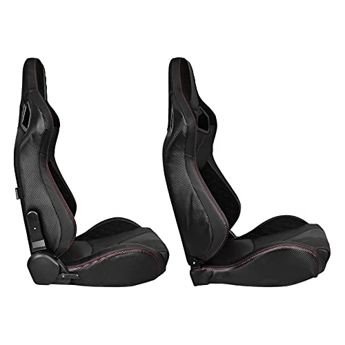 Ikon Motorsports, Universal Racing Seats Pair With Dual Sliders, Black Pu & Carbon Leather&Suede Reclinable Left Right #TOP2