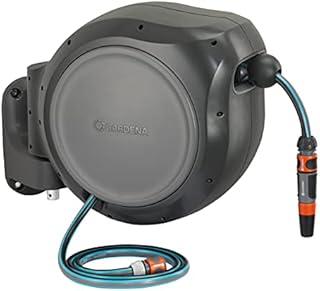 GARDENA 8055 - 100 Foot Wall Mounted Retractable Reel with Hose Guide, Automatic retraction for easy watering
