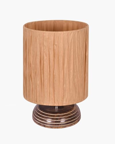 Image of Homesake Wooden Base Table Lamp with Fabric Drum Shade Livra | Warm Ambient Bedside Lamp for Bedroom, Living Room, Study, Office, Modern Classic Night Lamp Home Decor