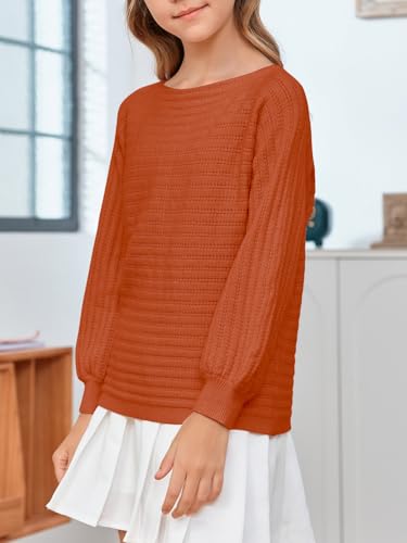 Mafulus Girl's Puff Long Sleeve Crewneck Pullover Sweaters Kids Cable Knit Hollow Out Slouchy Cute Fall Jumper Tops 5-14T4