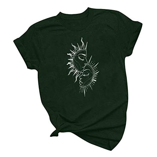 Xmiral Kortärmad T-shirt dam retro tryckt sol och måne mönster toppar enkel skjorta