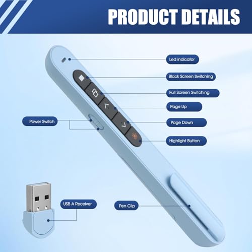 USB Präsentationsfernbedienung, Fernbedienung für Keynote Google Slides MS Word ACDSee, Vortragsfernbedienung für Präsentationen Konferenzen Vorträge Clicker for Powerpoint Präsentationszeiger (Blau)