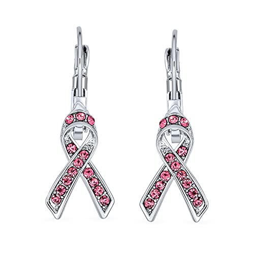 Image of Bling Jewelry Crystal Pink Breast Cancer Awareness Support Ribbon Earrings For Women Lever Back Rhodium Plated