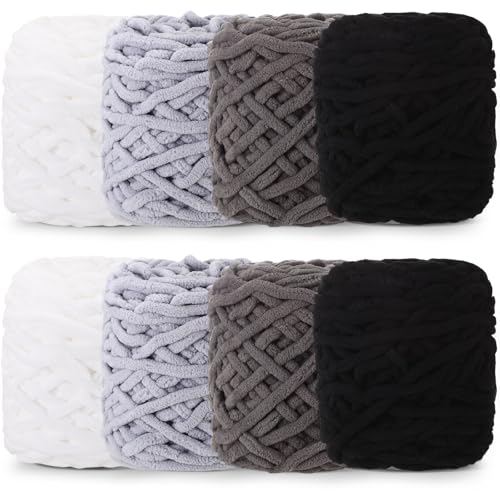 Image of Buryeah 8 Pack Chunky Chenille Yarn for Crocheting Soft Thick Fluffy Yarn for Hand Knitting Bulky Velvet Blanket Plush for Weaving DIY Crafts Each 3.5 oz 55 Yards (Dark Series)